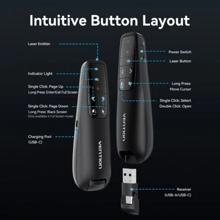 Vention Presentador inalámbrico KQPB0 2.4GHz Negro con Air Mouse y Láser Rojo